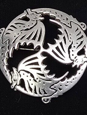 Vintage St. Justin Pewter Celtic Brooch 3 Dragons Open Work Round Signed